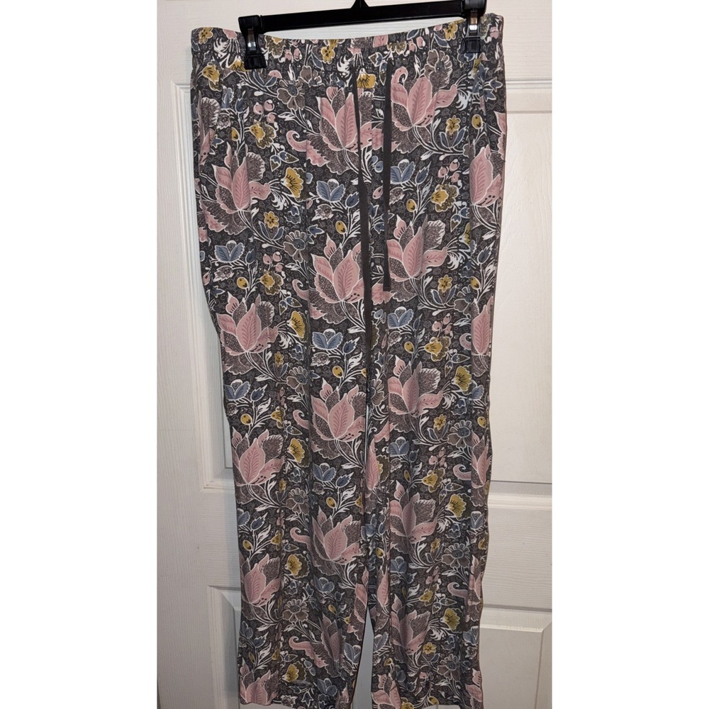 LOFT Gray Pink Floral L Fluid Pants Drawstring Elastic Waist Pull On Pockets